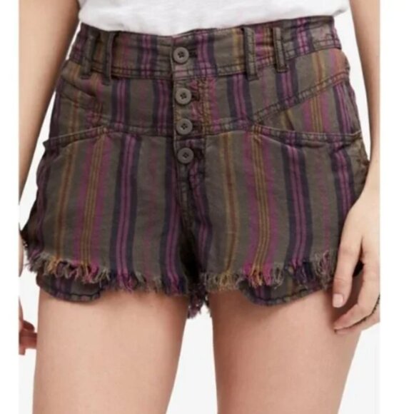 Free People Morning Rain Cutoff Shorts Size 2 Linen Blend Stripes Boho - Picture 1 of 9